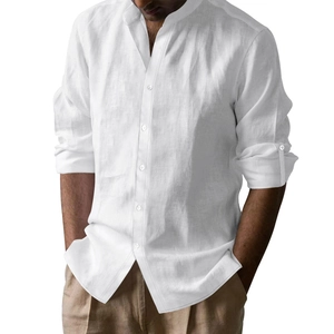 Detail of white cotton linen shirt showing stand collar and breathable fabric texture
