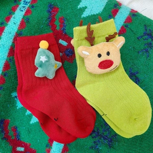 Christmas children's cotton socks with 3D plush reindeer and tree ornaments
