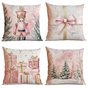 Christmas Cushion Covers Decorative Pillowcases Pink Gold Watercolor Nutcracker Snow Scene For Home Sofa Living Room