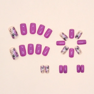 Glossy purple and butterfly pattern short square press-on nails set for women