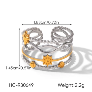 Detailed size specifications of the bohemian mixed-metal star and sun wave open ring