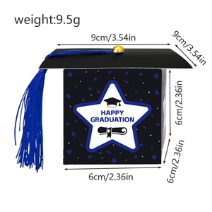 Detail showing 9cm graduation cap favor box dimensions with blue tassel and Happy Graduation print
