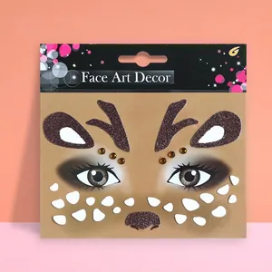 Christmas reindeer face glitter sticker set with brown antlers and facial rhinestones
