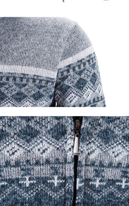 Dettaglio del cardigan in maglia da uomo con zip metallica e motivi nordici