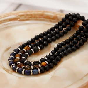 Men's natural tiger eye and lapis lazuli stone beaded bracelet set with lava rock