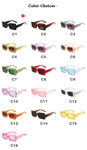 Grid view showing 16 color choices of retro square jelly sunglasses from C1 to C16