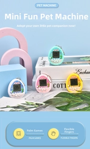 Mini virtual pet game keychain in blue, pink, yellow, and white with cactus design