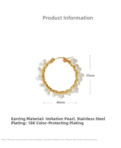 Detail view of 40mm 18K gold plated stainless steel hoop earrings with white pearls