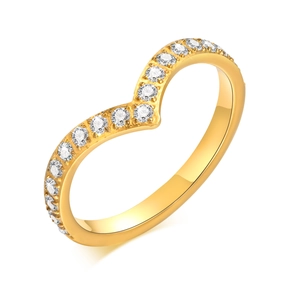 Polished gold V-shaped chevron ring for women with sparkling white zircon stones