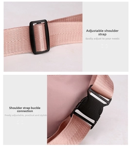 Detail of pink nylon shoulder strap with adjustable black buckle and quick release clip
