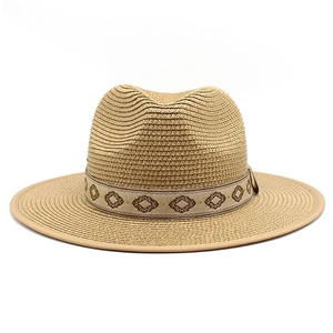 Retro panama straw hat with ethnic geometric pattern ribbon for sun protection