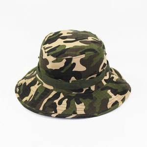 Classic jungle camouflage boonie hat with wide brim and tactical strap for hiking