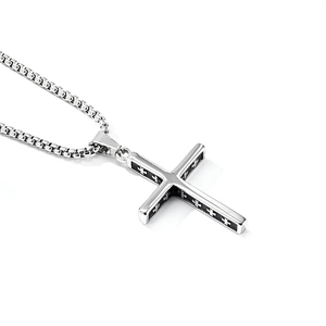 Vintage silver cross pendant necklace with black cross details on box chain