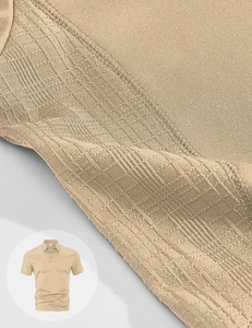 Detailed macro view of the premium textured knit fabric on this khaki men's polo shirt