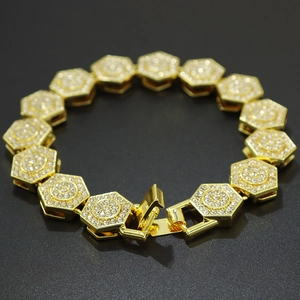 Men's geometric gold bracelet with hex links and full sparkling rhinestones on black