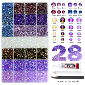 28-Gitter DIY Nailart Set mit bunten Strasssteinen, Pinzette, Wachsstift und B-7000 Kleber