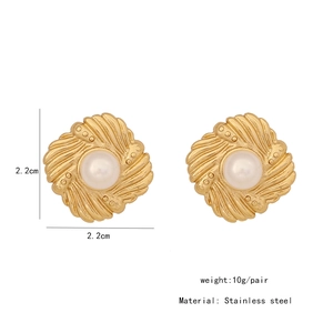 Detailed view of gold shell pearl earrings with size dimensions and stainless steel material