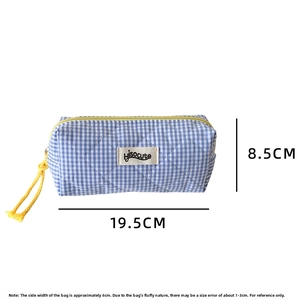 Detailed dimensions of the blue and white checkered quilted pencil case with zipper