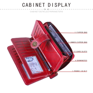 Dettaglio del portafoglio rosso RFID con scomparti per carte e bottone in metallo a girasole