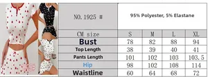Detailed size chart for women's heart print pajama set with material specifications