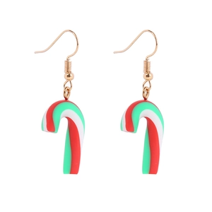 Detailed close-up of festive red white and green striped candy cane Christmas earrings