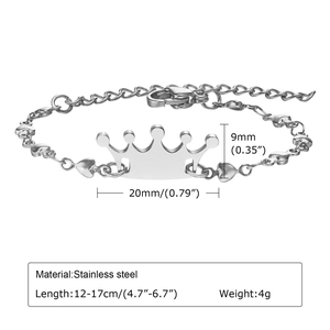 Detailed specs of stainless steel crown bracelet with heart links and sizing dimensions