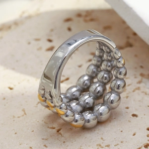 Three-layer beaded 18K gold plated stainless steel ring with elegant mixed metal design
