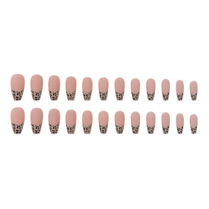 Matte nude pink coffin nails with black leopard print French tips, 24pcs set