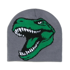 Detail of grey knitted beanie with green T-Rex dinosaur pattern on white background