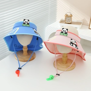 Kids sun visor hats with panda prints, wide brim, whistle drawstring, and breathable mesh fabric