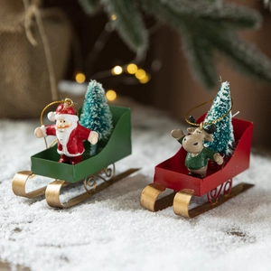Nordic Christmas sled metal ornaments with Santa and pine tree for festive home decor