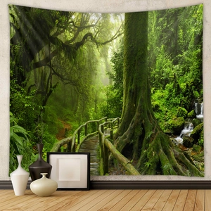 Detailed view of forest tapestry with mossy trees and wooden path on textured wall