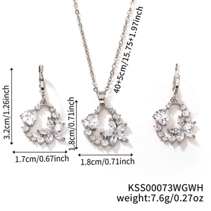 Detailed view of silver flower zircon jewelry set with necklace and earring dimensions