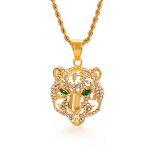 Collier pendentif tête de tigre hip-hop doré avec strass brillants et détails yeux verts