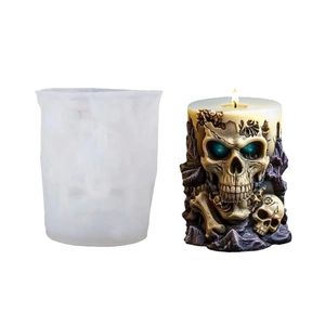 Halloween skull silicone candle mold for DIY crafts featuring intricate skeletal carvings