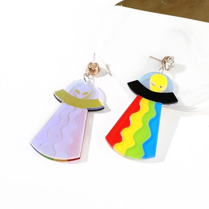 Detail of acrylic UFO alien earrings with rainbow holographic finish and striped beams