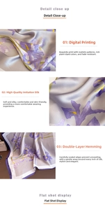 Detail of silk-like scarf featuring digital iris flower print and double-stitched edges