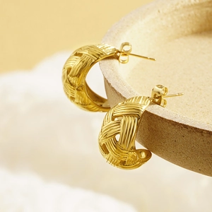 Hollow Woven Teardrop Hoop Earrings Stainless Steel Textured Grid Crescent Studs Retro Vintage Fashion For Women