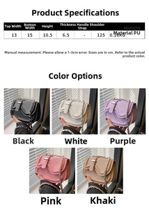 Size guide for compact PU leather crossbody bag showing dimensions and five trendy colors