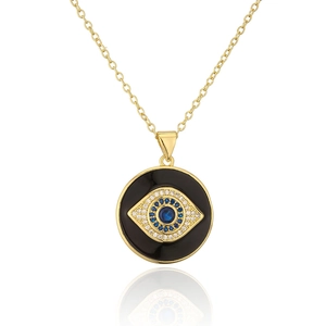 18K gold plated evil eye pendant necklace with black enamel and blue cubic zirconia