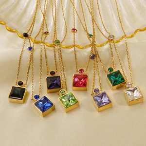 Colorful square crystal necklaces in 14K gold plated stainless steel, multi-color set