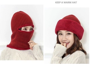 Detail of burgundy knitted balaclava showing full coverage and casual beanie styles