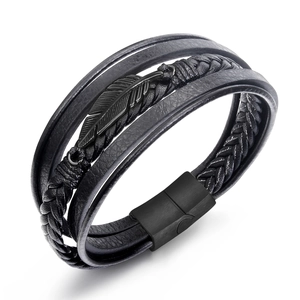Fashionable multilayer black braided leather bracelet featuring a feather pendant and magnetic clasp