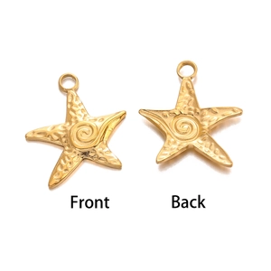 Detailed front and back view of gold starfish pendants with handmade hammered texture
