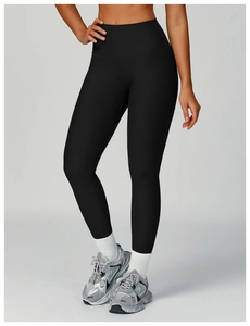 Close-up of high-waisted ribbed yoga leggings showing detailed compression fabric texture