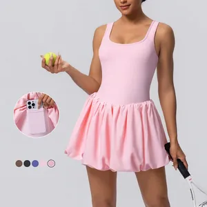 Women Tennis Dress High Elastic Nylon Athletic One Piece With Built In Shorts Pockets Pleated Bubble Hem Sleeveless