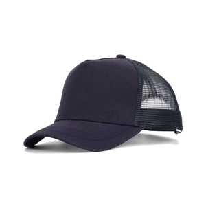 Detail of breathable mesh back and curved brim on a two-tone trucker baseball cap