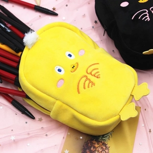 Cute yellow plush chicken pencil case and soft makeup bag with funny embroidery and fur ball
