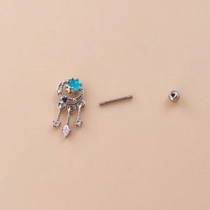 Blue zircon moon star earrings in stainless steel with shell flower screw back