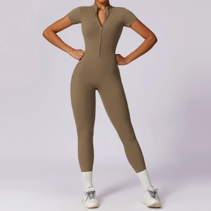 Short sleeve yoga jumpsuit in dark khaki with front zipper and high stretch fit